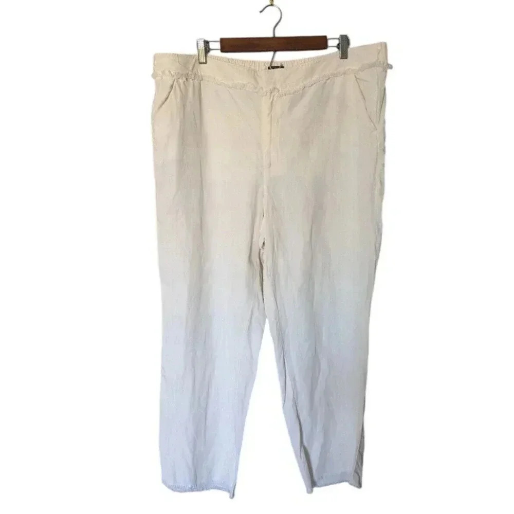 Loft Ivory Lyocell Linen Blend Elastic Waist Straight Leg Ankle Pants Size XL
